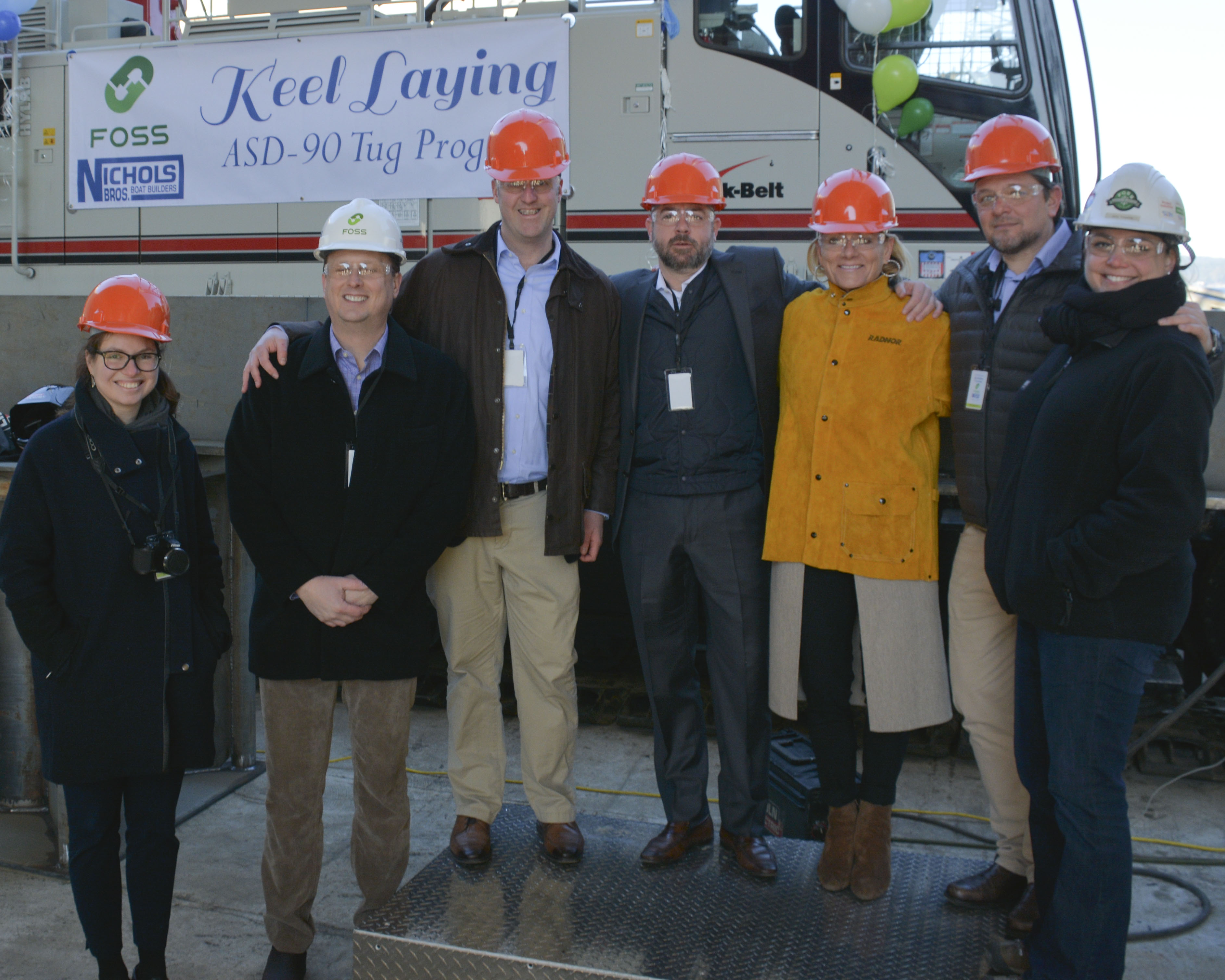 From left to right: Eve Lori, Foss Operations Assistant; Grant Johnson, Foss VP HSQE; Will Roberts, Foss COO; Tim Engle, Saltchuk President; Nicole Engle, Saltchuk Principal Shareholder; David Dumont, Foss Senior Director of Project Services and Engineering; Janic Trepanier, Foss ASD 90 Project Manager.